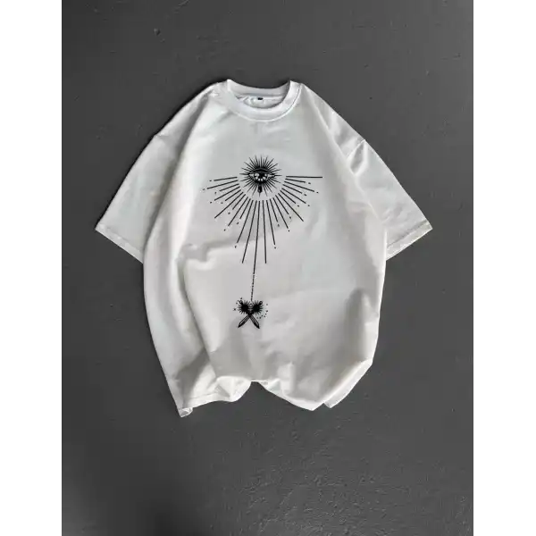 Erkek Kısa Kol Tişört Bisiklet Yaka GÜL Baskılı Oversize T-Shirt - Beyaz