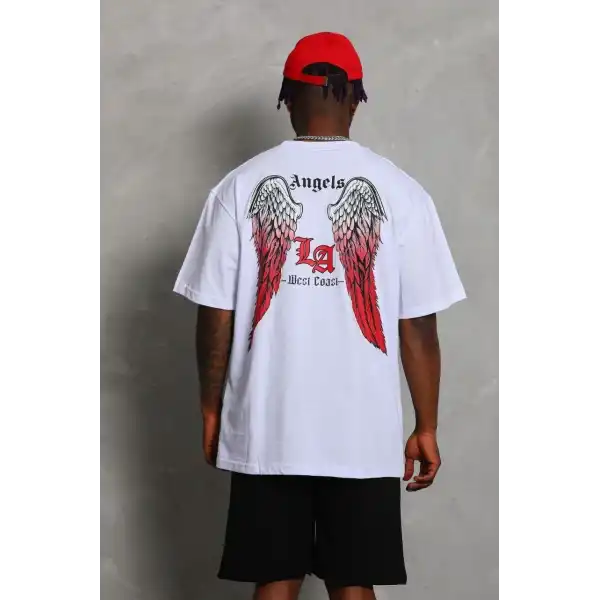 Erkek Kısa Kol Tişört Bisiklet Yaka KANAT Baskılı Oversize T-Shirt - Beyaz