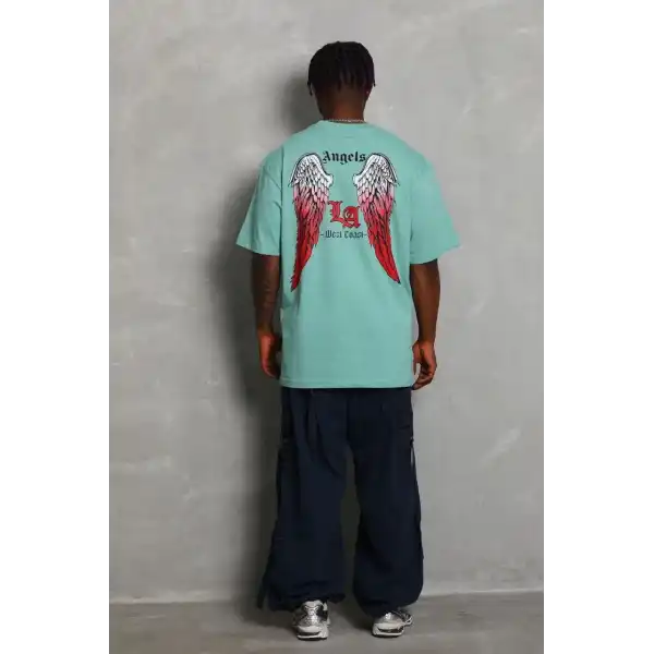 Erkek Kısa Kol Tişört Bisiklet Yaka KANAT Baskılı Oversize T-Shirt - Mint Yeşili