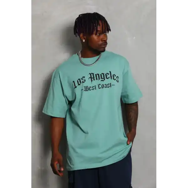 Erkek Kısa Kol Tişört Bisiklet Yaka KANAT Baskılı Oversize T-Shirt - Mint Yeşili