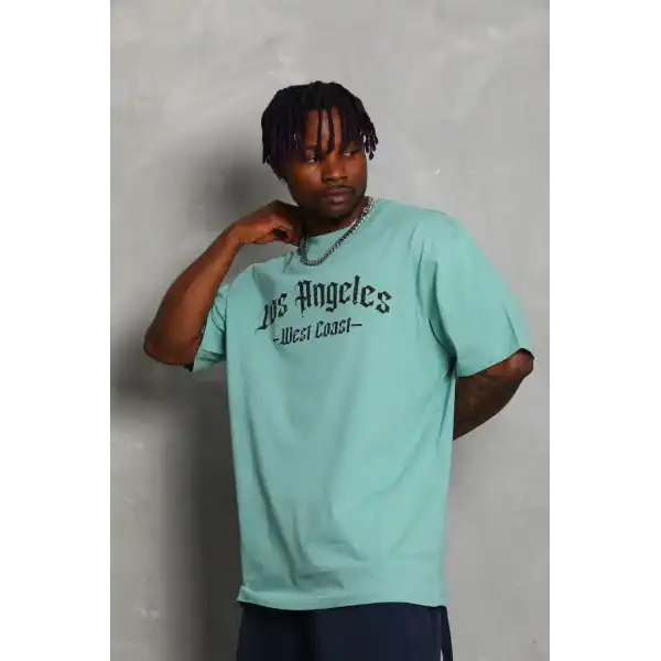 Erkek Kısa Kol Tişört Bisiklet Yaka KANAT Baskılı Oversize T-Shirt - Mint Yeşili