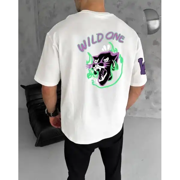 Erkek Kısa Kol Tişört Bisiklet Yaka W Wildone Baskılı T-Shirt - Beyaz
