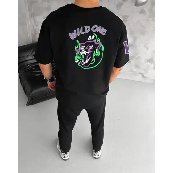 Erkek Kısa Kol Tişört Bisiklet Yaka W Wildone Baskılı T-Shirt - Siyah