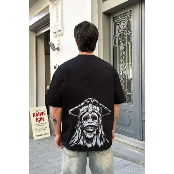 Erkek Kısa Kol Tişört Bisiklet Yaka Yıldırım Baskılı Oversize T-Shirt - Siyah
