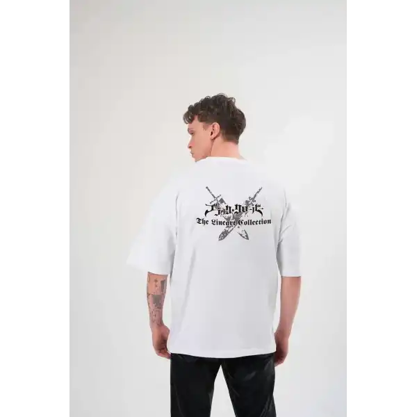 Erkek Kısa Kol Tişört Bisiklet Yaka YONCA Baskılı Oversize T-Shirt -  Beyaz
