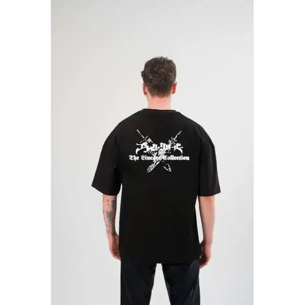 Erkek Kısa Kol Tişört Bisiklet Yaka YONCA Baskılı Oversize T-Shirt - Siyah