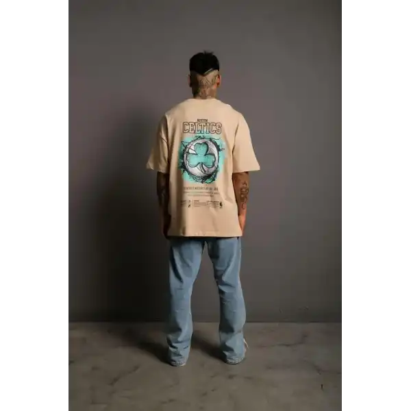 Erkek Kısa Kol Yazlık Tişört Bisiklet Yaka Baskılı Oversize T-Shirt - Bej