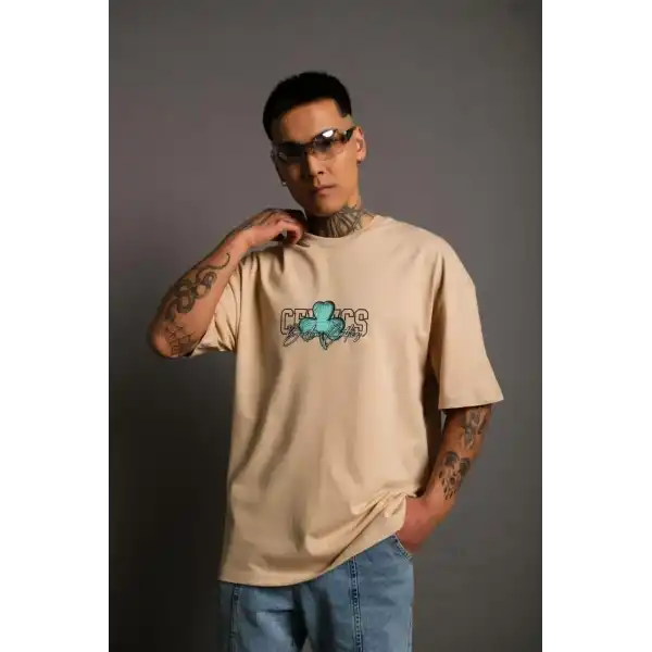 Erkek Kısa Kol Yazlık Tişört Bisiklet Yaka Baskılı Oversize T-Shirt - Bej