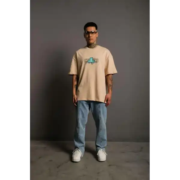 Erkek Kısa Kol Yazlık Tişört Bisiklet Yaka Baskılı Oversize T-Shirt - Bej