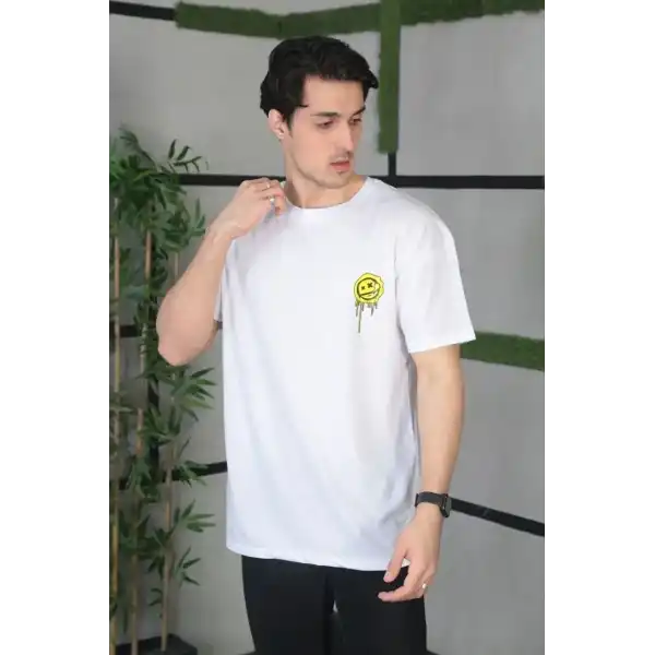 Erkek Kısa Kol Yazlık Tişört Bisiklet Yaka Baskılı Oversize T-Shirt - Beyaz