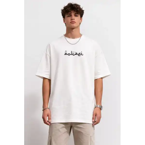 Erkek Kısa Kol Yazlık Tişört Bisiklet Yaka Baskılı Oversize T-Shirt - Beyaz