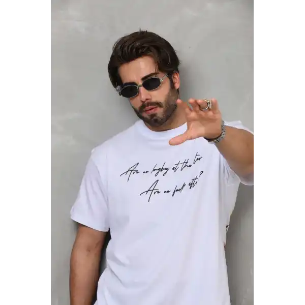 Erkek Kısa Kol Yazlık Tişört Bisiklet Yaka Baskılı Oversize T-Shirt - Beyaz