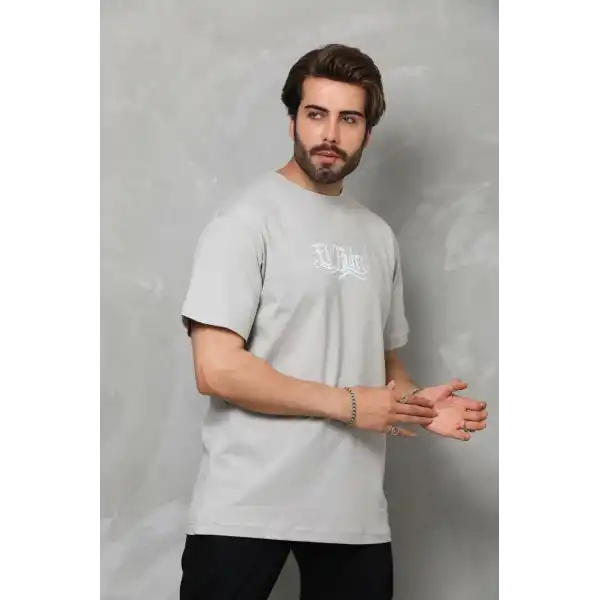 Erkek Kısa Kol Yazlık Tişört Bisiklet Yaka Baskılı Oversize T-Shirt - Gri