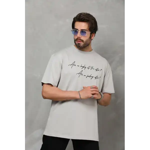 Erkek Kısa Kol Yazlık Tişört Bisiklet Yaka Baskılı Oversize T-Shirt - Gri