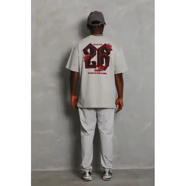 Erkek Kısa Kol Yazlık Tişört Bisiklet Yaka Baskılı Oversize T-Shirt - Gri