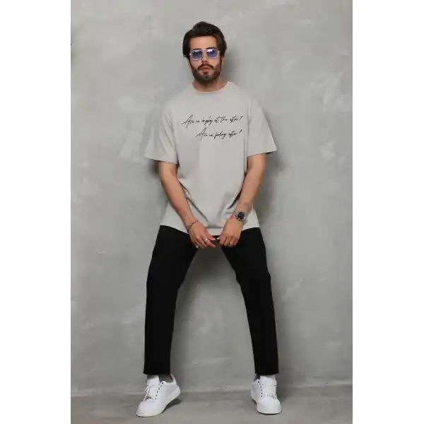 Erkek Kısa Kol Yazlık Tişört Bisiklet Yaka Baskılı Oversize T-Shirt - Gri