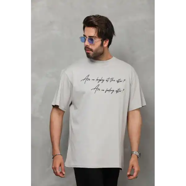 Erkek Kısa Kol Yazlık Tişört Bisiklet Yaka Baskılı Oversize T-Shirt - Gri
