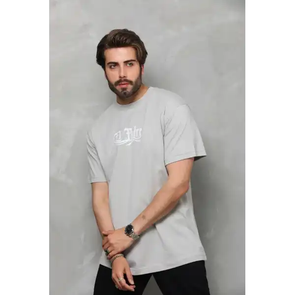 Erkek Kısa Kol Yazlık Tişört Bisiklet Yaka Baskılı Oversize T-Shirt - Gri