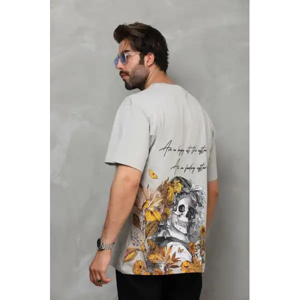 Erkek Kısa Kol Yazlık Tişört Bisiklet Yaka Baskılı Oversize T-Shirt - Gri