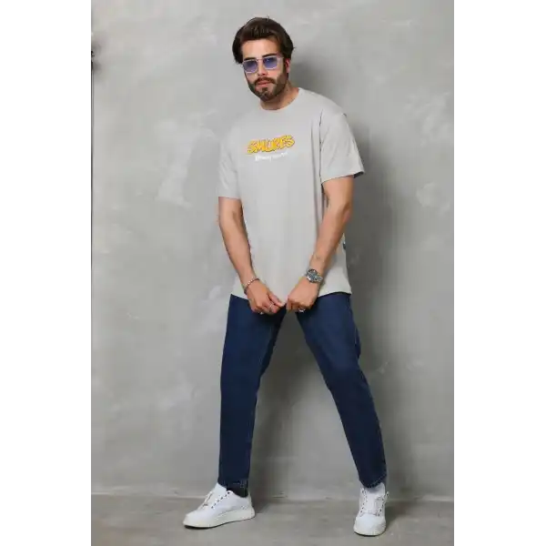 Erkek Kısa Kol Yazlık Tişört Bisiklet Yaka Baskılı Oversize T-Shirt - Gri