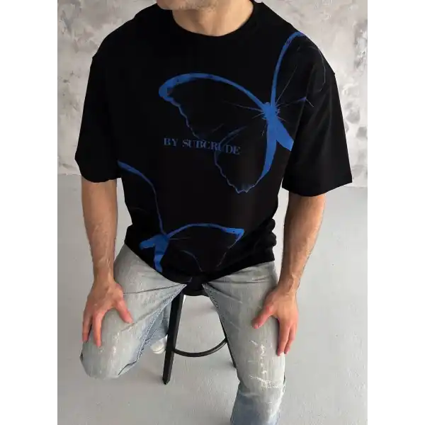 Erkek Kısa Kol Yazlık Tişört Bisiklet Yaka Baskılı Oversize T-Shirt - Siyah