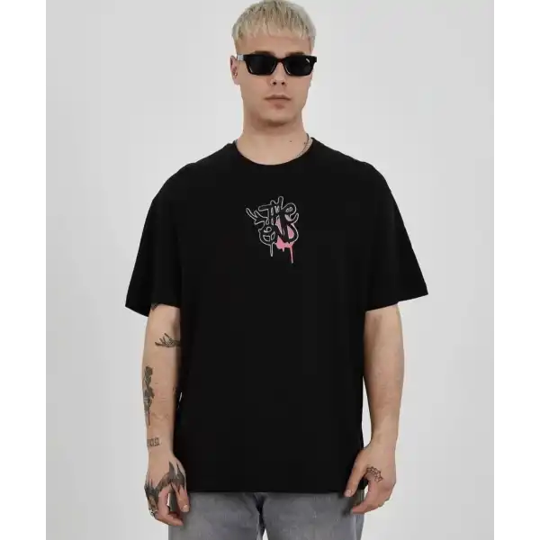 Erkek Kısa Kol Yazlık Tişört Bisiklet Yaka Baskılı Oversize T-Shirt -  Siyah