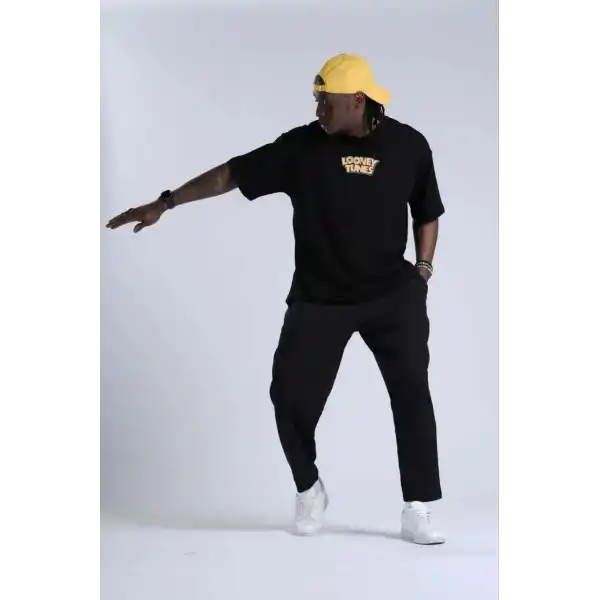 Erkek Kısa Kol Yazlık Tişört Bisiklet Yaka Baskılı Oversize T-Shirt - Siyah