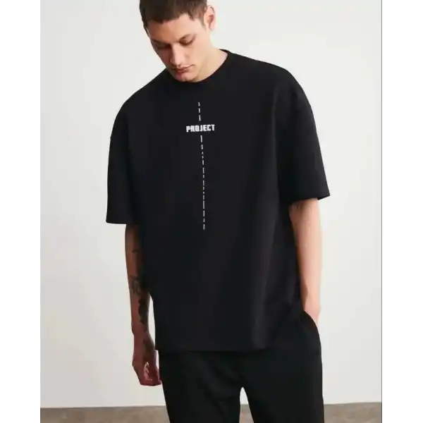 Erkek Kısa Kol Yazlık Tişört Bisiklet Yaka Baskılı Oversize T-Shirt - Siyah