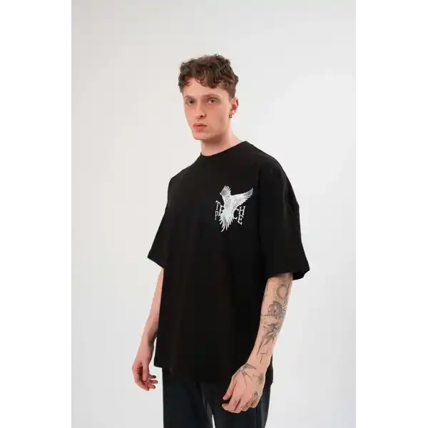 Erkek Kısa Kol Yazlık Tişört Bisiklet Yaka Baskılı Oversize T-Shirt - Siyah