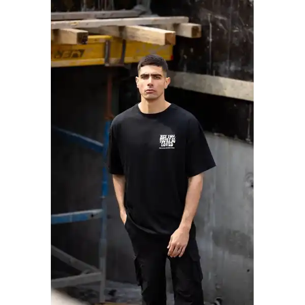 Erkek Kısa Kol Yazlık Tişört Bisiklet Yaka Baskılı Oversize T-Shirt - Siyah