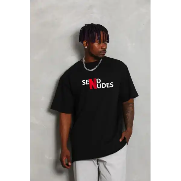 Erkek Kısa Kol Yazlık Tişört Bisiklet Yaka Baskılı Oversize T-Shirt - Siyah