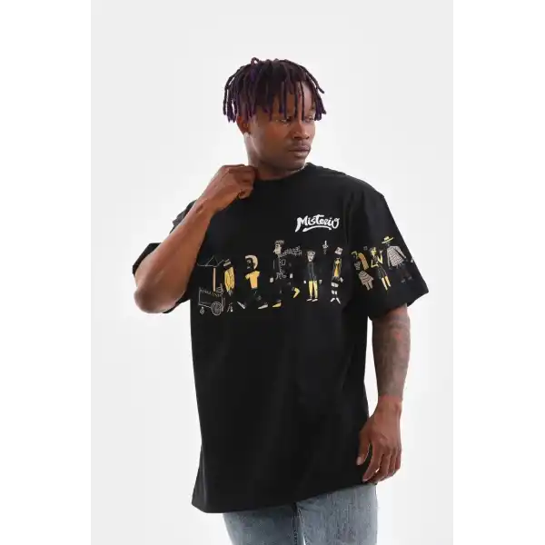 Erkek Kısa Kol Yazlık Tişört Bisiklet Yaka Baskılı Oversize T-Shirt - Siyah