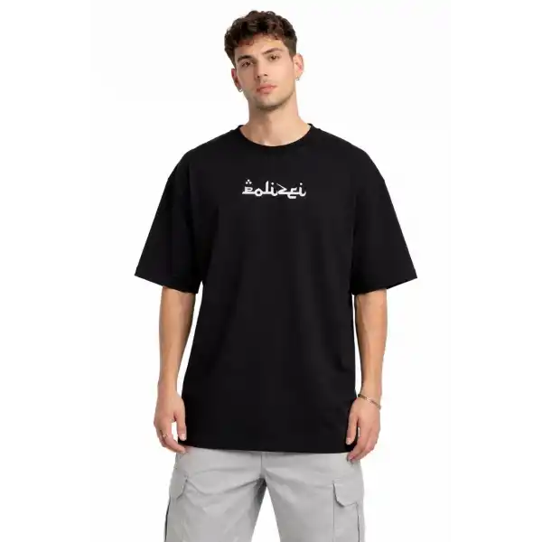 Erkek Kısa Kol Yazlık Tişört Bisiklet Yaka Baskılı Oversize T-Shirt - Siyah