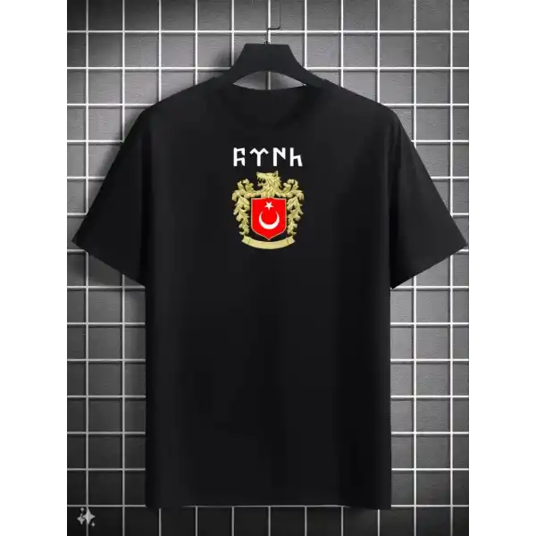 Erkek Kısa Kol Yazlık Tişört Bisiklet Yaka Baskılı Oversize T-Shirt - Siyah