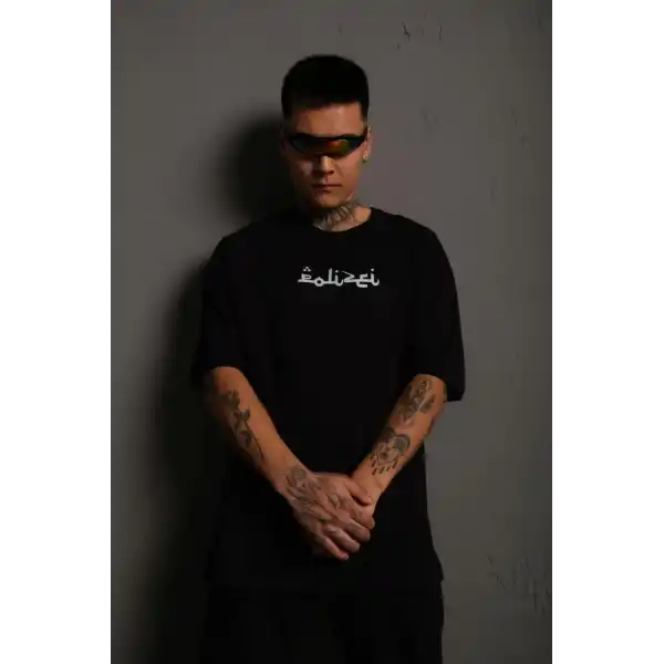 Erkek Kısa Kol Yazlık Tişört Bisiklet Yaka Baskılı Oversize T-Shirt - Siyah