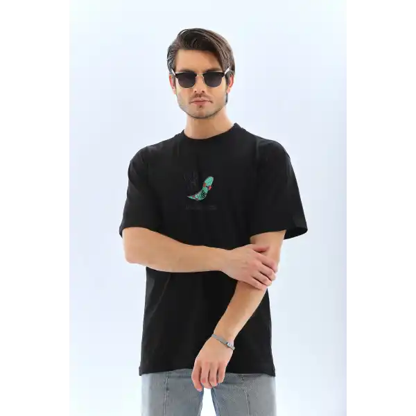 Erkek Kısa Kol Yazlık Tişört Bisiklet Yaka Baskılı Oversize T-Shirt - Siyah