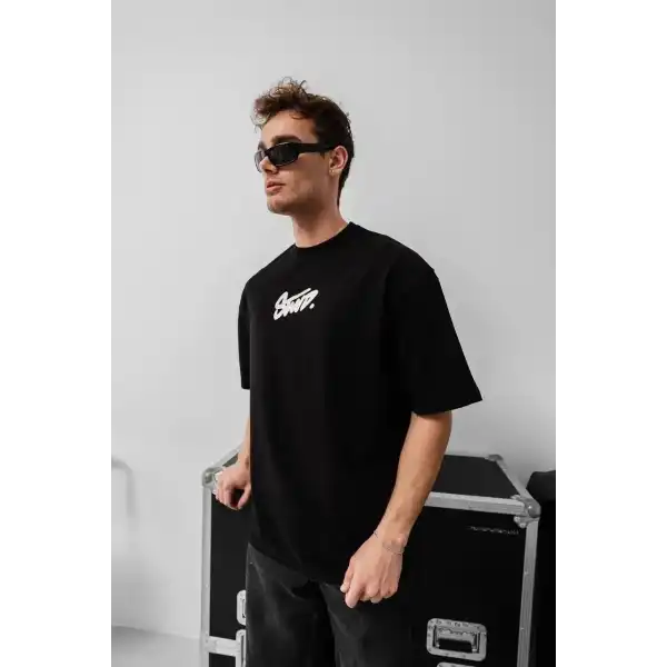 Erkek Kısa Kol Yazlık Tişört Bisiklet Yaka Baskılı Oversize T-Shirt - Siyah