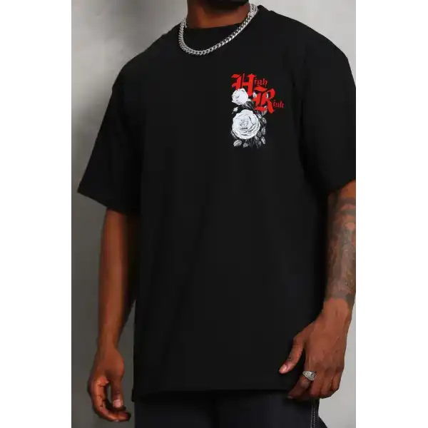 Erkek Kısa Kol Yazlık Tişört Bisiklet Yaka Baskılı Oversize T-Shirt - Siyah