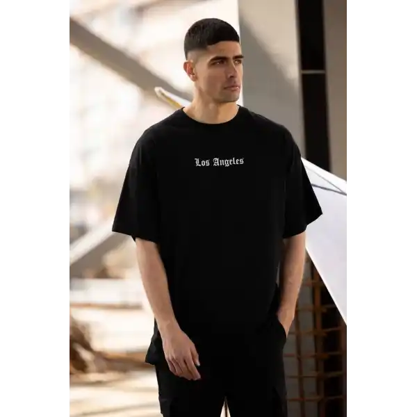 Erkek Kısa Kol Yazlık Tişört Bisiklet Yaka Baskılı Oversize T-Shirt - Siyah