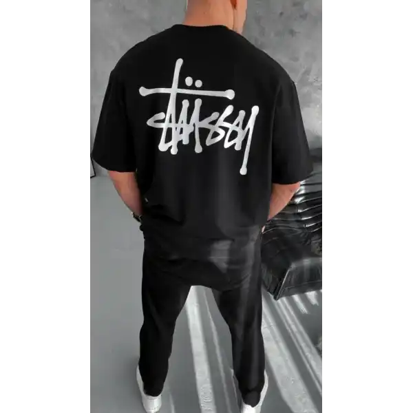 Erkek Kısa Kol Yazlık Tişört Bisiklet Yaka Baskılı Oversize T-Shirt - Siyah