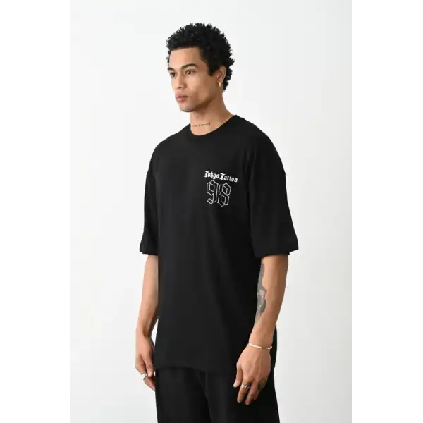 Erkek Kısa Kol Yazlık Tişört Bisiklet Yaka Baskılı Oversize T-Shirt - Siyah