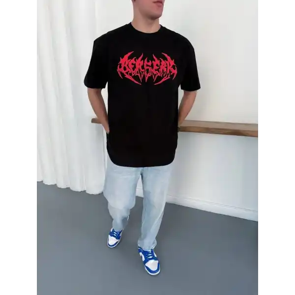 Erkek Kısa Kol Yazlık Tişört Bisiklet Yaka Baskılı Oversize T-Shirt - Siyah