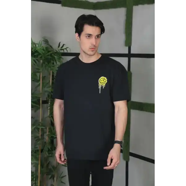 Erkek Kısa Kol Yazlık Tişört Bisiklet Yaka Baskılı Oversize T-Shirt - Siyah