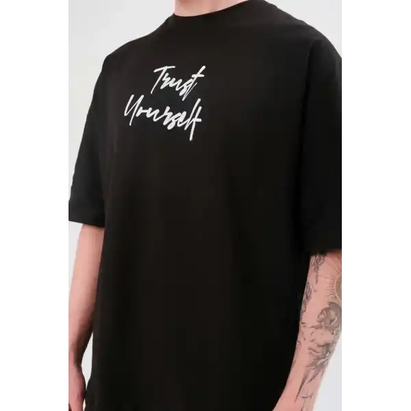 Erkek Kısa Kol Yazlık Tişört Bisiklet Yaka Baskılı Oversize T-Shirt -  Siyah