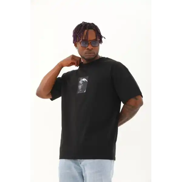 Erkek Kısa Kol Yazlık Tişört Bisiklet Yaka Baskılı Oversize T-Shirt - Siyah