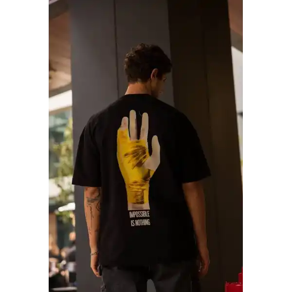 Erkek Kısa Kol Yazlık Tişört Bisiklet Yaka Baskılı Oversize T-Shirt - Siyah