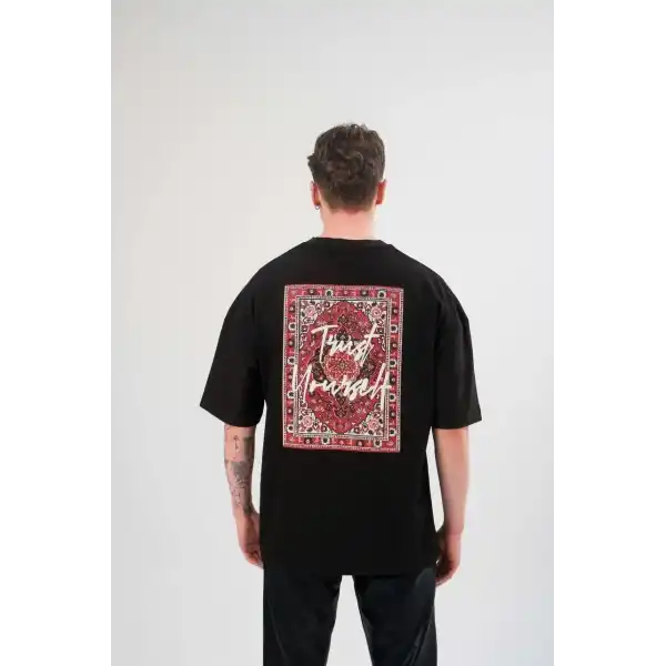 Erkek Kısa Kol Yazlık Tişört Bisiklet Yaka Baskılı Oversize T-Shirt - Siyah
