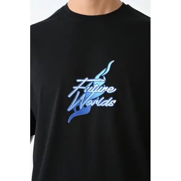 Erkek Kısa Kol Yazlık Tişört Bisiklet Yaka Baskılı Oversize T-Shirt - Siyah