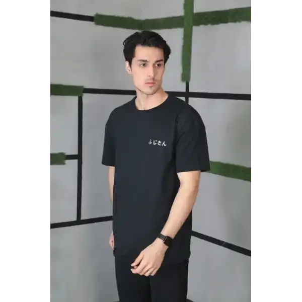 Erkek Kısa Kol Yazlık Tişört Bisiklet Yaka Baskılı Oversize T-Shirt - Siyah