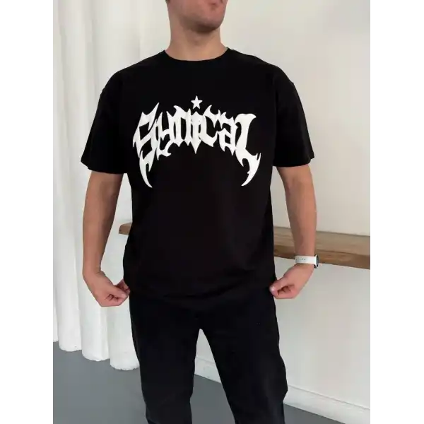 Erkek Kısa Kol Yazlık Tişört Bisiklet Yaka Baskılı Oversize T-Shirt - Siyah
